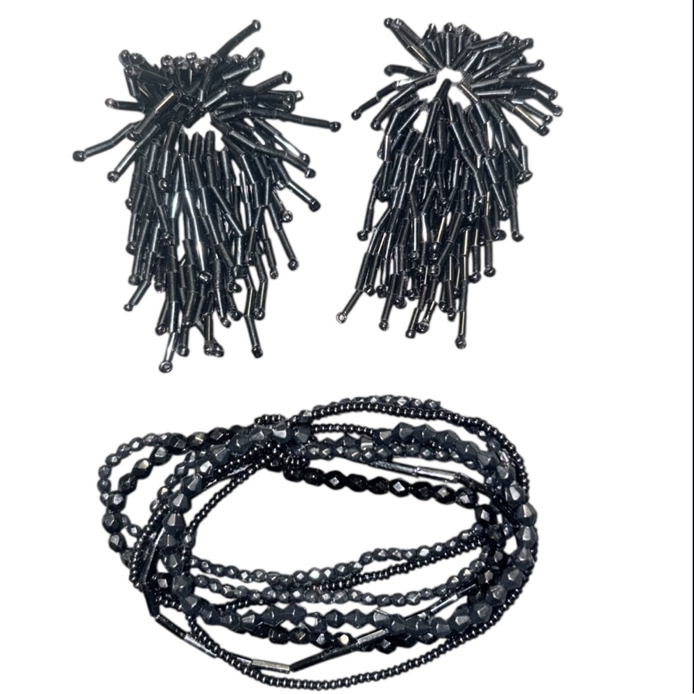 Vintage Black Beaded Tassel Clip-On Earrings and Wrap Bracelet Set